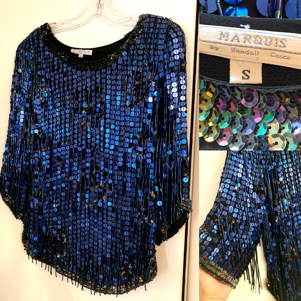 Women’s Royal Blue sequined beaded Blouse Top size Small Evening Cocktail Party